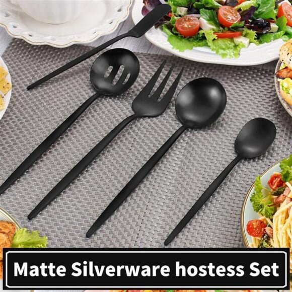 Matte Black Serving Silverware Set, 5-Piece Round Shared Utensils Set - Picture 5 of 7